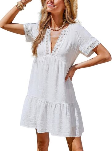 CUPSHE Lace Swimsuit Coverup for Women Short Sleeve V Neck Ruffle Beach Cover Up Dress in Kuwait