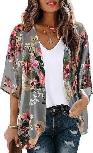 Women's Floral Print Puff Sleeve Kimono Cardigan Loose Cover Up Casual Blouse Tops in Kuwait