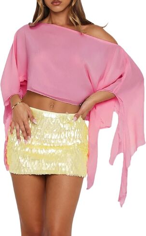UAURORAO Women Flowy Chiffon Shawl One Shoulder Crop Sheer Ponchos Shrug Mesh See Through Beach Cover Ups in Saudi Arabia