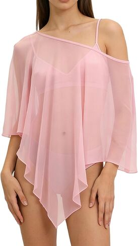UAURORAO Women Flowy Chiffon Shawl One Shoulder Crop Sheer Ponchos Shrug Mesh See Through Beach Cover Ups in Saudi Arabia