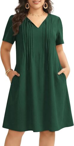 Manllenshie Women's Plus Size Casual Work Business Daily Dress Summer Short Sleeve V Neck Pleat Dresses with 2 Pockets in Saudi Arabia