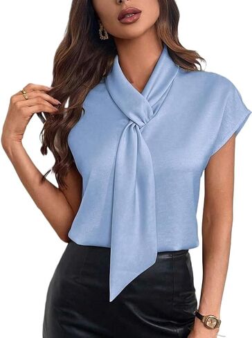 Elegant Women's Cap Sleeve Tie Neck Satin Top Short Sleeve Shirt for Summer Spring in Kuwait
