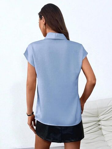 Elegant Women's Cap Sleeve Tie Neck Satin Top Short Sleeve Shirt for Summer Spring in Kuwait