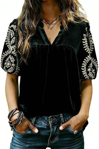 Women's Black Velvet Blouse Half Puff Sleeve Embroidered Top Ruffled Mock Neck V-Cut Shirt in Saudi Arabia