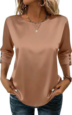 Satin Blouses for Women Dressy Casual 3/4 Length Sleeve Womens Tops Crewneck Tshirt Silk Shirt Summer Clothes in Saudi Arabia