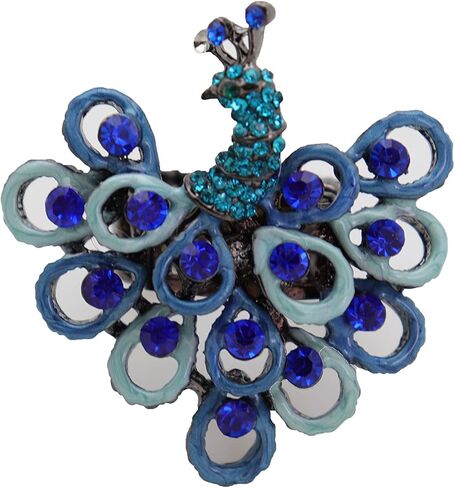 Women Fashion Jewelry Peacock Ring - Black Color Metal One Size Elastic Band Feather Blue in Kuwait