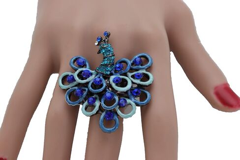 Women Fashion Jewelry Peacock Ring - Black Color Metal One Size Elastic Band Feather Blue in Kuwait