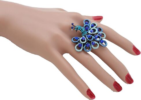 Women Fashion Jewelry Peacock Ring - Black Color Metal One Size Elastic Band Feather Blue in Kuwait