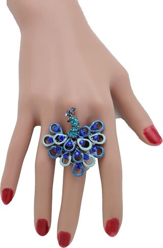 Women Fashion Jewelry Peacock Ring - Black Color Metal One Size Elastic Band Feather Blue in Kuwait
