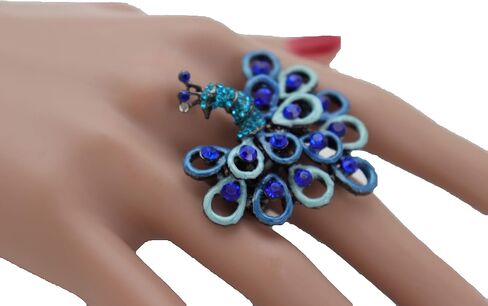 Women Fashion Jewelry Peacock Ring - Black Color Metal One Size Elastic Band Feather Blue in Kuwait