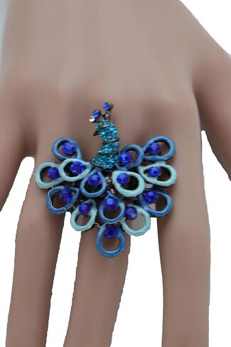 Women Fashion Jewelry Peacock Ring - Black Color Metal One Size Elastic Band Feather Blue in Kuwait