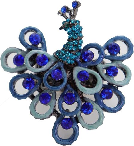 Women Fashion Jewelry Peacock Ring - Black Color Metal One Size Elastic Band Feather Blue in Kuwait