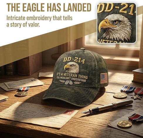 DD-214 Army Veteran Hat, Vintage Adjustable Embroidered Eagle Patriotic Baseball Cap, Veteran Day Gifts for Retired Soldiers in Kuwait