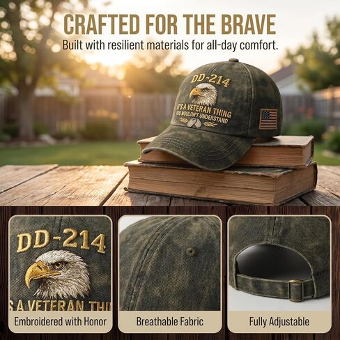 DD-214 Army Veteran Hat, Vintage Adjustable Embroidered Eagle Patriotic Baseball Cap, Veteran Day Gifts for Retired Soldiers in Kuwait