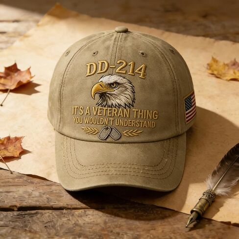 DD-214 Army Veteran Hat, Vintage Adjustable Embroidered Eagle Patriotic Baseball Cap, Veteran Day Gifts for Retired Soldiers in Kuwait