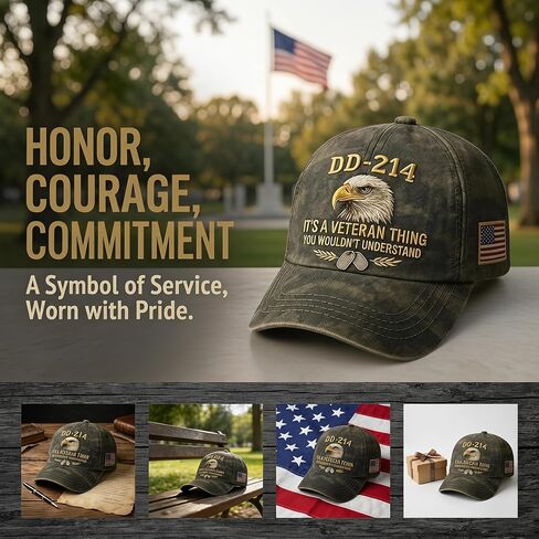 DD-214 Army Veteran Hat, Vintage Adjustable Embroidered Eagle Patriotic Baseball Cap, Veteran Day Gifts for Retired Soldiers in Kuwait