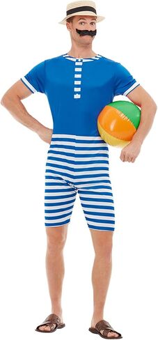 Smiffys 20s Bathing Suit Costume, Blue & White with Short Jumpsuit, Hat & Moustache, 1920's Razzle Fancy Dress, 1920s Dress Up Costumes in Kuwait