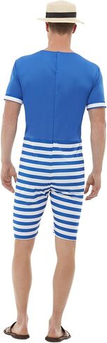 Smiffys 20s Bathing Suit Costume, Blue & White with Short Jumpsuit, Hat & Moustache, 1920's Razzle Fancy Dress, 1920s Dress Up Costumes in Kuwait