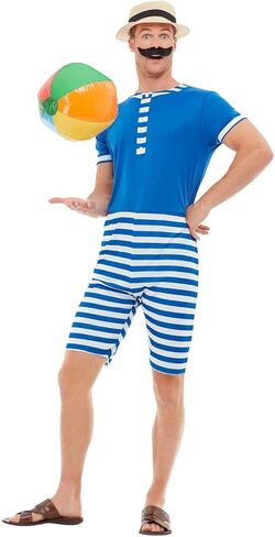 Smiffys 20s Bathing Suit Costume, Blue & White with Short Jumpsuit, Hat & Moustache, 1920's Razzle Fancy Dress, 1920s Dress Up Costumes in Kuwait
