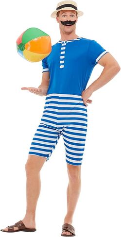 Smiffys 20s Bathing Suit Costume, Blue & White with Short Jumpsuit, Hat & Moustache, 1920's Razzle Fancy Dress, 1920s Dress Up Costumes in Kuwait