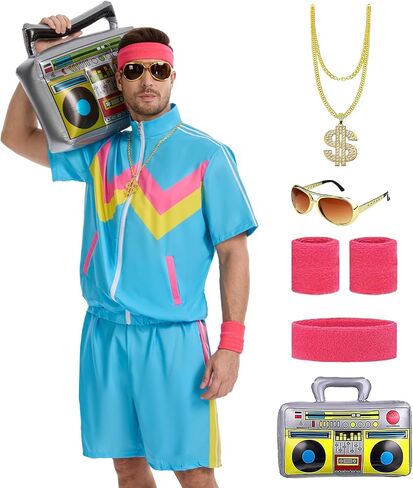 80s Track Suit for Men, 90s Color Block Costume, Retro Short Sleeve Jacket & Shorts for Halloween Carnival Party in Saudi Arabia