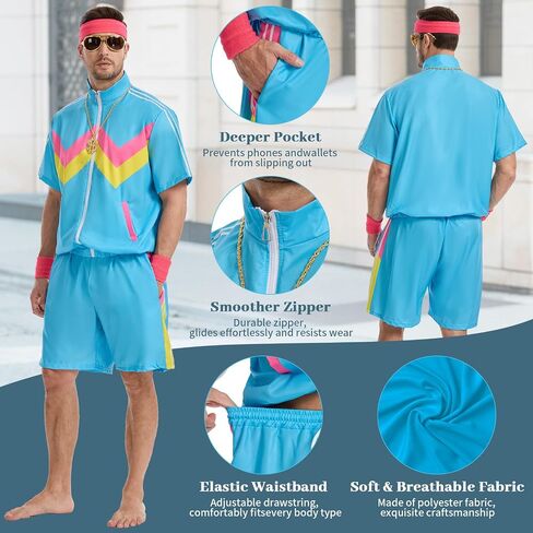 80s Track Suit for Men, 90s Color Block Costume, Retro Short Sleeve Jacket & Shorts for Halloween Carnival Party in Saudi Arabia