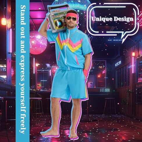 80s Track Suit for Men, 90s Color Block Costume, Retro Short Sleeve Jacket & Shorts for Halloween Carnival Party in Saudi Arabia