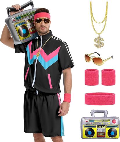 80s Track Suit for Men, 90s Color Block Costume, Retro Short Sleeve Jacket & Shorts for Halloween Carnival Party in Saudi Arabia
