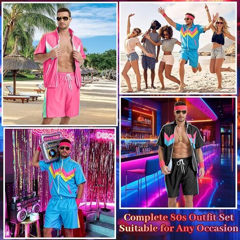 80s Track Suit for Men, 90s Color Block Costume, Retro Short Sleeve Jacket & Shorts for Halloween Carnival Party in Saudi Arabia