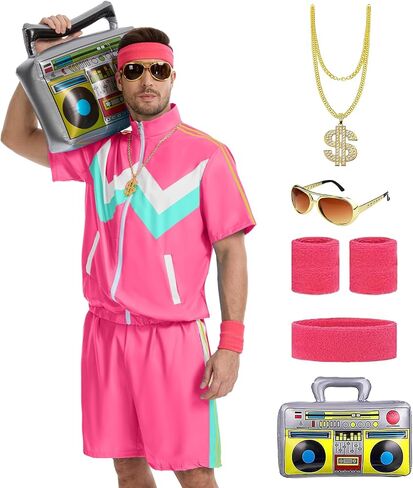 80s Track Suit for Men, 90s Color Block Costume, Retro Short Sleeve Jacket & Shorts for Halloween Carnival Party in Saudi Arabia