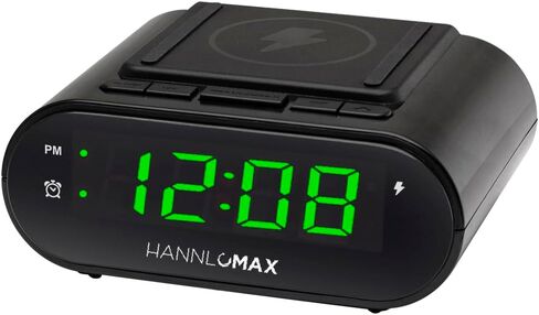 ساعة منبه HANNLOMAX HX-207Wi مع شاحن لاسلكي 15 وات ومنافذ USB مزدوجة (1 USB من النوع A و1 USB من النوع C) للشحن، شاشة LED خضراء، ساعة رقمية مع منبه، تشغيل التيار المتردد فقط. in Kuwait