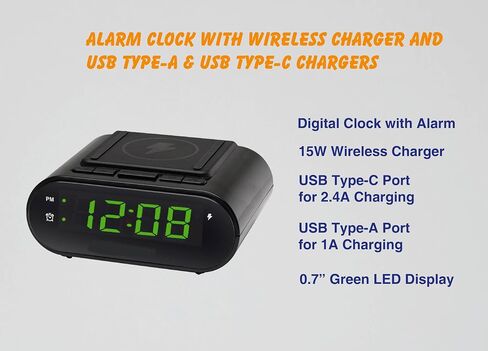 ساعة منبه HANNLOMAX HX-207Wi مع شاحن لاسلكي 15 وات ومنافذ USB مزدوجة (1 USB من النوع A و1 USB من النوع C) للشحن، شاشة LED خضراء، ساعة رقمية مع منبه، تشغيل التيار المتردد فقط. in Kuwait