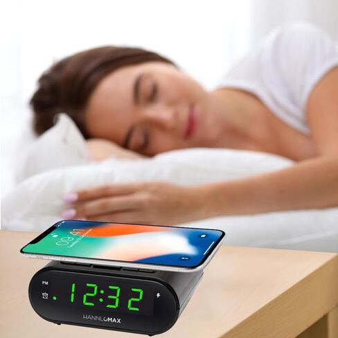ساعة منبه HANNLOMAX HX-207Wi مع شاحن لاسلكي 15 وات ومنافذ USB مزدوجة (1 USB من النوع A و1 USB من النوع C) للشحن، شاشة LED خضراء، ساعة رقمية مع منبه، تشغيل التيار المتردد فقط. in Kuwait