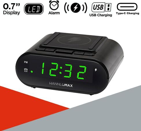 ساعة منبه HANNLOMAX HX-207Wi مع شاحن لاسلكي 15 وات ومنافذ USB مزدوجة (1 USB من النوع A و1 USB من النوع C) للشحن، شاشة LED خضراء، ساعة رقمية مع منبه، تشغيل التيار المتردد فقط. in Kuwait