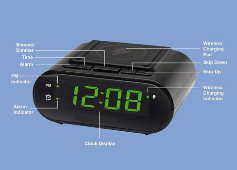ساعة منبه HANNLOMAX HX-207Wi مع شاحن لاسلكي 15 وات ومنافذ USB مزدوجة (1 USB من النوع A و1 USB من النوع C) للشحن، شاشة LED خضراء، ساعة رقمية مع منبه، تشغيل التيار المتردد فقط. in Kuwait