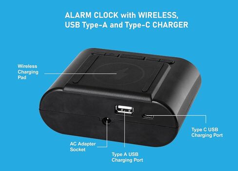ساعة منبه HANNLOMAX HX-207Wi مع شاحن لاسلكي 15 وات ومنافذ USB مزدوجة (1 USB من النوع A و1 USB من النوع C) للشحن، شاشة LED خضراء، ساعة رقمية مع منبه، تشغيل التيار المتردد فقط. in Kuwait