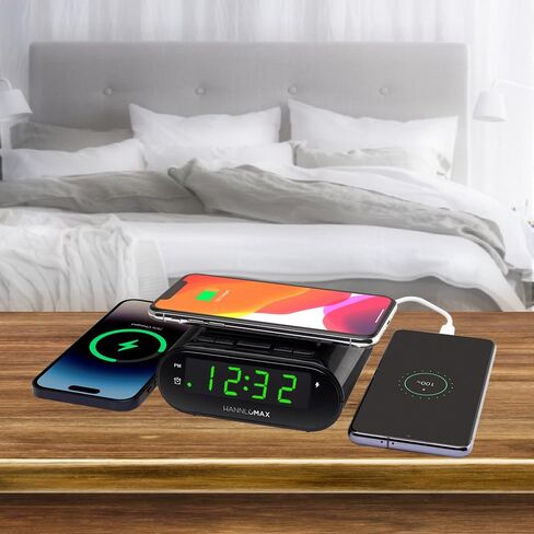 ساعة منبه HANNLOMAX HX-207Wi مع شاحن لاسلكي 15 وات ومنافذ USB مزدوجة (1 USB من النوع A و1 USB من النوع C) للشحن، شاشة LED خضراء، ساعة رقمية مع منبه، تشغيل التيار المتردد فقط. in Kuwait
