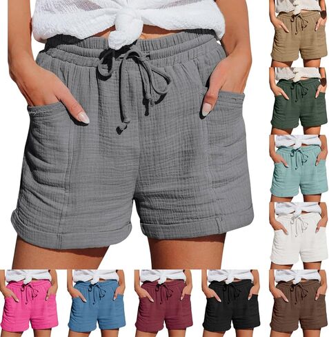 Linen Shorts for Women Plus Size Elastic High Waist Drawstring Summer Baggy Beach Lounge Shorts with Pockets in Saudi Arabia
