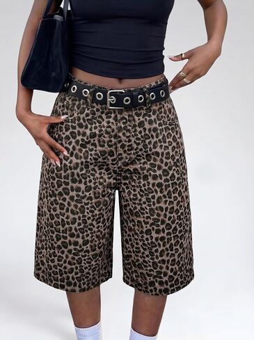 Women's Medium Wash Classic Versatile Denim Bermuda Shorts, High Rise Wide Leg Knee Length Loose Straight Short Jeans in Kuwait