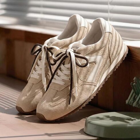 BEAU TODAY Women's Retro Fashion Sneakers, Casual Suede Sneakers for Women, Trendy Lightweight Tennis Walking Shoes, Comfortable Lace Up Low Top Leather Sneakers in Kuwait