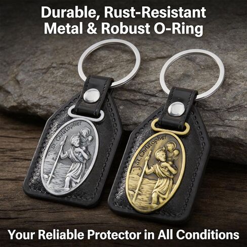 St Christopher Keychain 2 Pack Gold Silver for Men Women - Christian Saint Christopher Medal for Car Keychain, Durable Leather Metal Patron Saint of Travelers Protection Gifts in Saudi Arabia