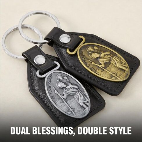 St Christopher Keychain 2 Pack Gold Silver for Men Women - Christian Saint Christopher Medal for Car Keychain, Durable Leather Metal Patron Saint of Travelers Protection Gifts in Saudi Arabia
