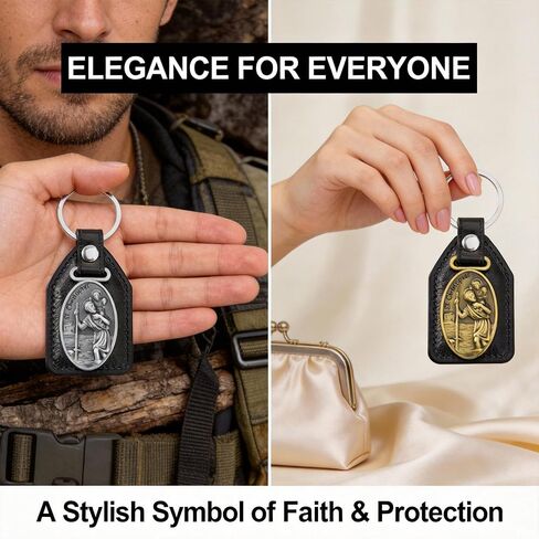 St Christopher Keychain 2 Pack Gold Silver for Men Women - Christian Saint Christopher Medal for Car Keychain, Durable Leather Metal Patron Saint of Travelers Protection Gifts in Saudi Arabia