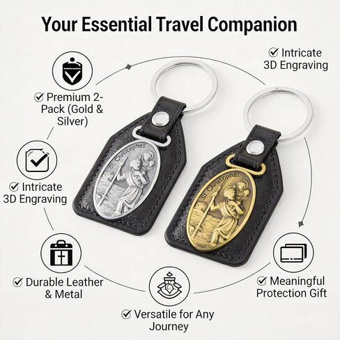 St Christopher Keychain 2 Pack Gold Silver for Men Women - Christian Saint Christopher Medal for Car Keychain, Durable Leather Metal Patron Saint of Travelers Protection Gifts in Saudi Arabia