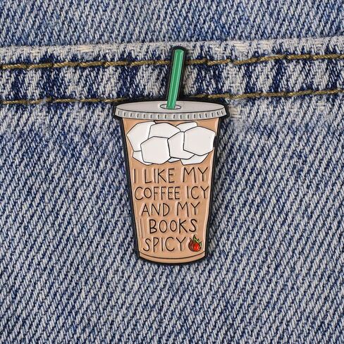 I Like My Coffee Icy And My Books Spicy Pin Brooch, Smut Book Lover Enamel Pin, Gift For Spicy Reader Ice Coffee Lover Dark Romance Reader Bookworm, Caffeine And Reading Brooches, Cold Brew Lapel Badge, Smutty Accessories in Kuwait