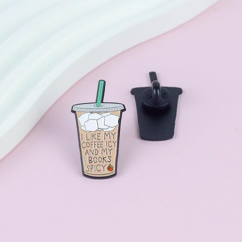 I Like My Coffee Icy And My Books Spicy Pin Brooch, Smut Book Lover Enamel Pin, Gift For Spicy Reader Ice Coffee Lover Dark Romance Reader Bookworm, Caffeine And Reading Brooches, Cold Brew Lapel Badge, Smutty Accessories in Kuwait