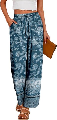 CRAZY GRID Womens Summer Spring Flowy Pants Loose Fit Beach Pants Drawstring Waist Wide Legs with Pockets in Saudi Arabia