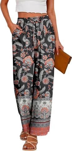CRAZY GRID Womens Summer Spring Flowy Pants Loose Fit Beach Pants Drawstring Waist Wide Legs with Pockets in Saudi Arabia