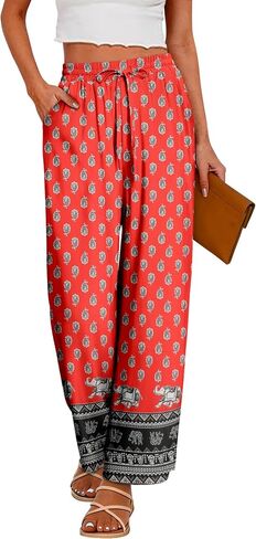 CRAZY GRID Womens Summer Spring Flowy Pants Loose Fit Beach Pants Drawstring Waist Wide Legs with Pockets in Saudi Arabia