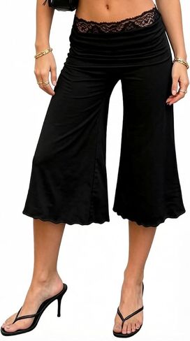 Gauchos for Women Y2K Lace Trim Fold Over Waist Culottes Low Rise Wide Leg Cropped Gaucho Pants Flowy Jersey Capris in Kuwait